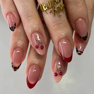 lot 18079 image: Mivota Medium Press On Nails Almond �� 3D Cherry Design with Gold Branch, Red French Tips & Leopard Pattern, 24PCS Acrylic Fake Nails with Glue & Tools, Glossy Reusable Stick On Nails for Women