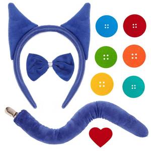 lot 18113 image: JIALWEN Blue Cat Ears Headband and Tail Bowtie with 6 Button Patches & 1 Heart Patch Felt Stickers Halloween Cat Costumes Set Cosplay Party Dress Up Accessories