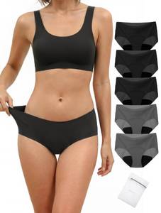 lot 18135 image: TIICHOO Period Underwear for Women Seamless Silky No VPL Leakproof Underwear with Laundry Bag 5-Pack(2X-Large, 3 Black2 Grey)