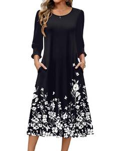 lot 18155 image: Zeagoo Dresses for Women Midi Dresses Crew Neck Dresses 34 Sleeve Summer Dresses Floral A Line Sun Dress 2026 Black Floral L