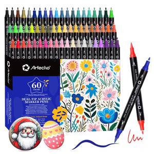 lot 18454 image: Artecho Acrylic Paint Markers 60 Colors, Acrylic Paint Pens with Brush Tip and Fine Tip for Stone, Rock Painting, Paper, Pumpkin, Wood, Egg, Canvas, Ceramic, Fabric, leather, Glass, DIY Crafts
