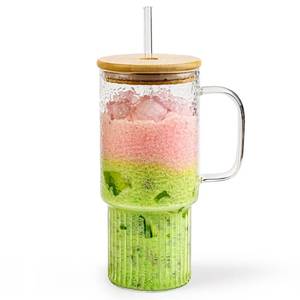 lot 18479 image: Oroklis 32oz Ribbed Borosilicate Glass Tumbler with Handle, Bamboo Lid and Straw, Iced Coffee Cup Modern Glass Mug for HotCold Drinks, Smoothies, Tea, and Juice (Clear-1 Pack)