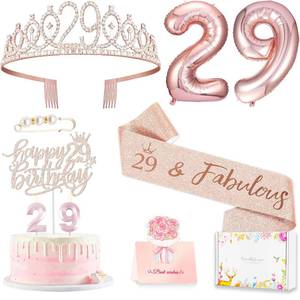 lot 18491 image: Awfrky 29th Birthday Decorations for Her Women, Including 29 year old Birthday Cake Topper, Queen Sash with Pearl Pin, Sweet Rhinestone Tiara Crown, Number Candles and Balloons Set, Rose Gold