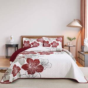 lot 19815 image: DJY Christmas Red Quilt Set Queen 3 Pieces Floral Bedding Quilt Set Soft Botanical Bedspread with 2 Pillow Shams Lightweight Flower Quilt Coverlet Set for All Season 90x 96