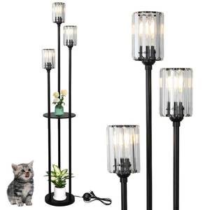lot 19824 image: HMVPL Crystal Floor Lamp with Shelves, Modern Floor Lamps for Living Room, 3-Light Standing Lamps with Table, Black Tall Lamp with Crystal Shade, OnOff Foot Switch, Corner Floor Lamp for Bedroom