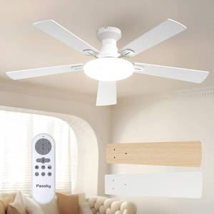 lot 19828 image: Passky Ceiling Fans with Lights, 52 inch Flush Mount Ceiling fan with Remote Control, Low Profile Ceiling Fan for Bedroom, Farmhouse, Reversible, 3CCT, Dimmable, Noiseless DC Motor, White