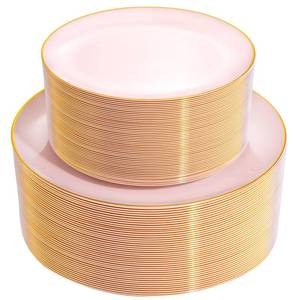 lot 19837 image: PULOTE 100PCS Pink Plastic Plates - Heavy Duty Pink and Gold Disposable for Party, Wedding, Mothers Day Include 50 Each (Dinner & Dessert) Plates