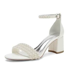 lot 19843 image: YWXYMGE Block Heels Pearls Wedding Sandals Open Toe Ankle Strap Evening Party Summer Shoes-Ivory-8 (Used)(Signs of wear)