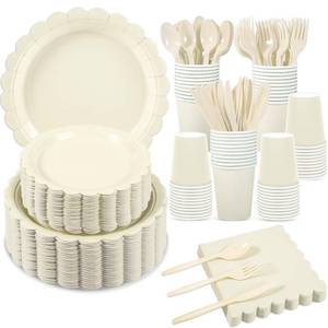 lot 19846 image: Xiangqu 350 Pcs Ivory Dinnerware Sets, 9 Party Plates, 7 Cream Dessert Plate, 9oz Cups & Cutlery, 50 Guest Beige Scalloped Disposable Plates Set for Baby Bridal Shower, Wedding, Birthday