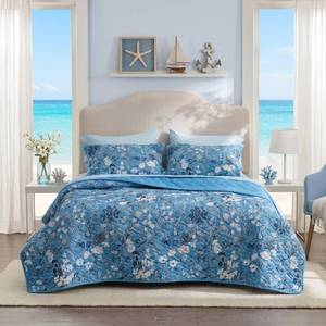 lot 19851 image: Bedsure Summer Quilt Queen Size - Lightweight Floral Comforter Queen Size, Blue and White Bedspread Quilted Bedding, Reversible Soft Microfiber Coverlet for All Seasons (90x96)