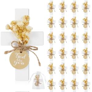 lot 19852 image: Flutesan 24 Sets Baptism Favors for Guests First Communion Wooden Cross Fridge Magnets with Flower and Bag, Christian Souvenirs Gift for Party Decoration, Baby Shower, Kitchen Decor (Classic,White) (Not all Pieces Guaranteed)