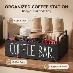 lot 19872 image: SHAXIXI Coffee Bar Organizer Caddy, 3 Compartments, Farmhouse Counter Coffee Station Accessories Organizer, Solid Wood Material, 11.8x7.8x3.1 Inches, With 2 Metal Handles