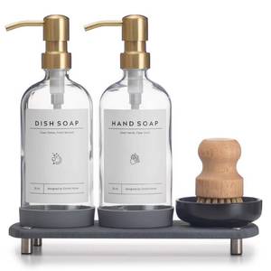 lot 19875 image: Luxury Kitchen Soap Dispenser Set - 16OZ Clear Glass Bottle, Stainless Steel Pump, Instant Dry Tray, Waterproof Labels, Non-Slip Silicone Pad, and Dish Brush  Upgrade for Your Kitchen and Bathroom