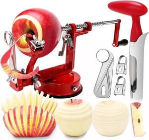 lot 19887 image: Apple Peeler Corer, 5 In 1 Apple Peeler Slicer Corer with Stainless Steel Blades and Powerful Suction Base for Apples and Potatoes(Ruby)