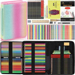 lot 19894 image: 78pcs Drawing Kit Sketching Set Art Supplies with 3-Color Sketchbook Colorful Portable Case Colored Graphite Charcoal Watercolor Mettallic Pencil sketch draw gift set for Artist Adult Beginner