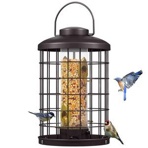 lot 19912 image: Mosloly Caged Bird Feeders Metal - 3 Lbs - Squirrel-Proof Wild Bird Feeders, Clear Tube Feeders Hanging Outside Starling Proof, Detachable Cleaning, 4 Feed Ports(Copper) (Used)