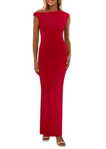 lot 20270 image: PRETTYGARDEN Womens 2026 Summer Formal Maxi Dresses Sleeveless One Shoulder Bodycon Ruched Mesh Wedding Guest Cocktail Dress (Red,Large)