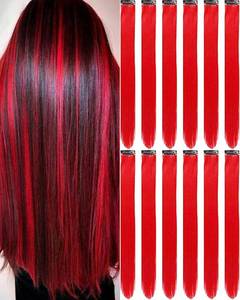 lot 20278 image: Olldag 12 PCS Red Hair Extensions Clip in, 22 Inch Colored Hair Extensions Party Highlights Long Straight Synthetic Hairpieces for Women Cosplay