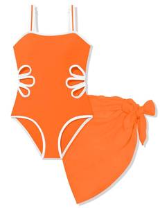 lot 20293 image: Klyatpxoen Size 7 8 Years Girls 2PCS Swimsuit Adjustable Straps Cut Out One Piece Bathing Suit with Solid Color Cover Up Skirt Orange