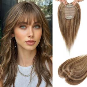 lot 20327 image: Flufymooz Real Human Hair Toppers for women, 10 Inch Clip in Bangs 100�� Human Hair Toppers for Thinning Hair, Cover Hair Topper Hair Pieces with 150% Density Silk Base-Medium Brown with Blonde