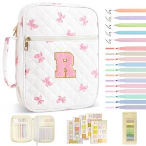 lot 20339 image: Personalized Initial Bible Cover Case for Women Girls Kid - Large Quilted Bible Case with Handle, Stylish Chenille Letter Bag Study Supplies, Perfect Christmas Gifts for Christians Women (Pink Bow-R)