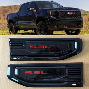 lot 20342 image: 2pack OEM 2019-2026 5.3L V8 Vent Emblem Right Left 3D Nameplate Badge Replacement for Sierra 1500 85160715 86532087 (Gloss Black Red)