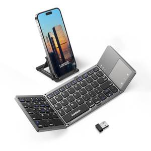 lot 20367 image: Samsers Multi-Device Foldable Bluetooth Keyboard with Touchpad, Rechargeable Folding Keyboard with Holder, Portable Travel for Android Windows iOS Mac OS, Support 3 Devices - Grey