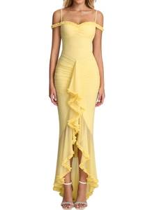lot 20372 image: KUTUMAI Women Ruffle Bodycon Maxi Dress Ruched Long Formal Cocktail Wedding Guest Dresses Yellow L
