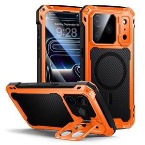 lot 20400 image: Lanhiem for iPhone 17 Pro Metal Case with Kickstand, Compatible with MagSafe, Built in Tempered Glass Screen Protector, Heavy Duty Shockproof Rugged Phone Cases, Full Body Tough Cover 6.3 (Orange)