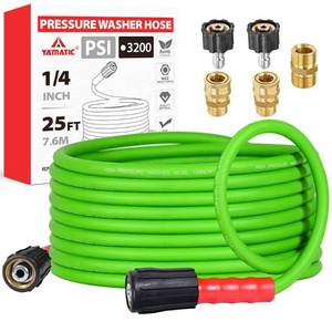 lot 20413 image: YAMATIC Super Flexible Pressure Washer Hose 25FT for Power Washer Replacement, Kink Resistant Extension With Leak-Free M22-14mm Female & 38 Quick Connect Adapters, 14 3200 PSI, Green