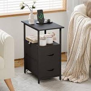 lot 19908 image: Bedside Shelving Unit with Storage Compartments and Power Supply (Black)