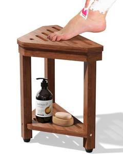 lot 1251 image: Shower Foot Rest 15 in, Acacia Shower Stool for Shaving Legs,Corner Bath Shower Bench with Starage Shelf for Inside Small Shower Spaces