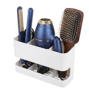 lot 1276 image: MyGift Modern Wall Mounted White Metal Hair Styling Tools and Accessories Holder with 2 Slots and Divided bottom Tray, Salon Hot Tool Organizer Rack for Blow Dryer Straightener Curling Iron