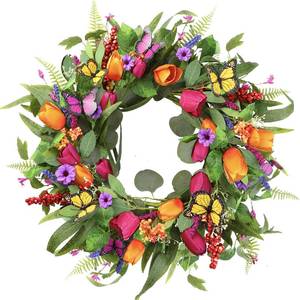lot 1278 image: Sggvecsy Spring Summer Wreath for Front Door 22 Inch Artificial Tulips Wreath with Eucalyptus Leaves Lavender Ferns Colorful Silk Flowers Butterflies for Home Farmhouse Indoor Outdoor Wall Decor