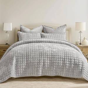lot 1279 image: RECYCO Luxury Velvet Quilt Set King Size Bedding Sets, Ultra Soft Velvet Comforter Set, Lightweight Channel Box Stitch Oversized Bedspread Coverlet for All Season, with 2 Shams, Frost Gray