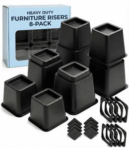 lot 1303 image: Bed Risers - Dorm Room Essentials - 3 & 5 Inch Adjustable Furniture Risers or 8 Inch Combined - Heavy Duty for Dorm Decor, Desks, Chairs - Under Bed Storage - Supports Up to 1,300 lbs (8 Pack, Black)