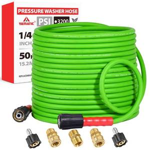 lot 1310 image: YAMATIC Super Flexible Pressure Washer Hose 50FT for Power Washer Replacement, Kink Resistant Extension With Leak-Free M22 Female & 38 Quick Connect Adapters, 14 3200 PSI, Green