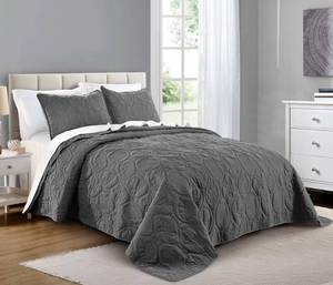 lot 1311 image: Pure Bedding Quilt Set KingCal KingCalifornia King Size Dark Grey - Oversized Bedspread - Microfiber Coverlet - Includes 1 Quilt and 2 Shams, Ocean Star Pattern
