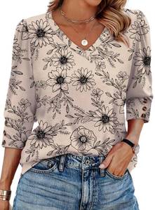 lot 2250 image: XIEERDUO Womens Tops Dressy Casual V Neck Summer School Outfits 34 Length Sleeve Tops Floral Blouses Beach Vacation Early Fall Fashion Clothes 2026 F-Khaki Ink Floral XL