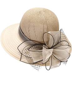 lot 4086 image: KORADI Women Organza Sun Hat Fascinators Bucket Bowler Hat for Tea Party Bridal Wedding Church Dress Hat Wide Brim Sun Cap(Beige)