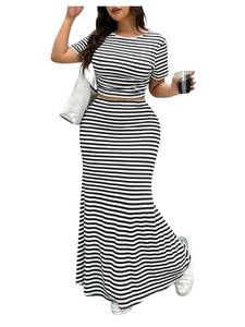 lot 4127 image: Floerns Womens Plus Size 2 Piece Outfits Striped Short Sleeve T Shirts Fishtail Maxi Skirts Set Black and White 3X-Large Plus