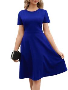 lot 4129 image: Knee Length Dress for Women Wedding Guest Summer Business Casual Fit and Flare Short Sleeve Vintage Work A Line Dress with Pockets 162 XL Royal Blue