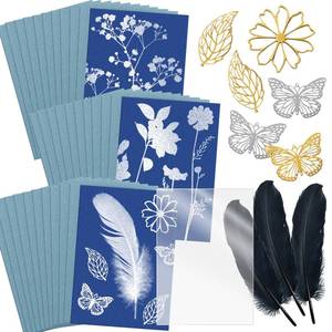 lot 4145 image: SNAIL GARDEN 40PCS Sunprint Kit with 30 Sheets A5 Cyanotype Paper, 1 Acrylic Panel, 6 Plant Cuttings & 3 Feathers, Sun Sensitive DIY Printing Paper for Kids Adults, Science Art & Outdoor Activity