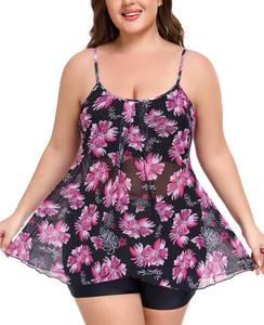 lot 4160 image: RELLECIGA Tummy Control Two Piece Tankini Swimsuits for Women Mesh Blouson Tankini Top with Board Shorts(Rose Redbud,Large)
