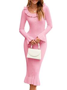 lot 4180 image: Wenrine Womens Bodycon Midi Sweater Dress Casual Ribbed Knit Bell Long Sleeve Ruffle Crewneck Decor Button Dresses Pink