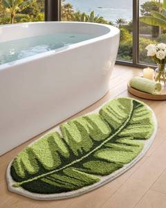 lot 4187 image: Color&Geometry Cute Green Leaf Bathroom Rug 24x48, Fluffy, Plush, Soft, Non Slip, Absorbent Bath Mat, Machine Washable for Shower Floor, Kitchen Sink, Bedroom, Kids Room