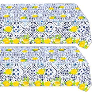 lot 4213 image: JazSwirl Capri Lemon Tablecloth, Rectangle 54x108 Inch Blue Yellow Fabric Lemon Table Cloth 2 Pack Summer Lemonade Tablecloths for Dining Room Kitchen Picnic Party