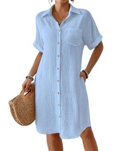 lot 4237 image: Bsubseach Womens Swimsuit Coverup Long Button Down Bathing Suit Cover Ups Short Sleeve Summer Beach Shirt Dress with Pockets Light Blue L