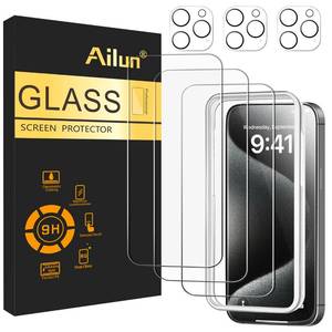 lot 4240 image: Ailun 3 Pack Screen Protector for iPhone 15 Pro Max 6.7 inch  3 Pack Camera Lens Protector with Installation Frame,Sensor Protection,Dynamic Island Compatible,Case Friendly Tempered Glass Film
