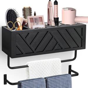lot 5303 image: Hair Tool Organizer Wall Mount, Hair Dryer Holder with 2 Towel Bars, Wood Hot Tools Organizer, Rustic Bathroom Organizer Blow Dryer Holder for Bathroom Decor, Flat Iron, Curling Wand, Brushes(Black)